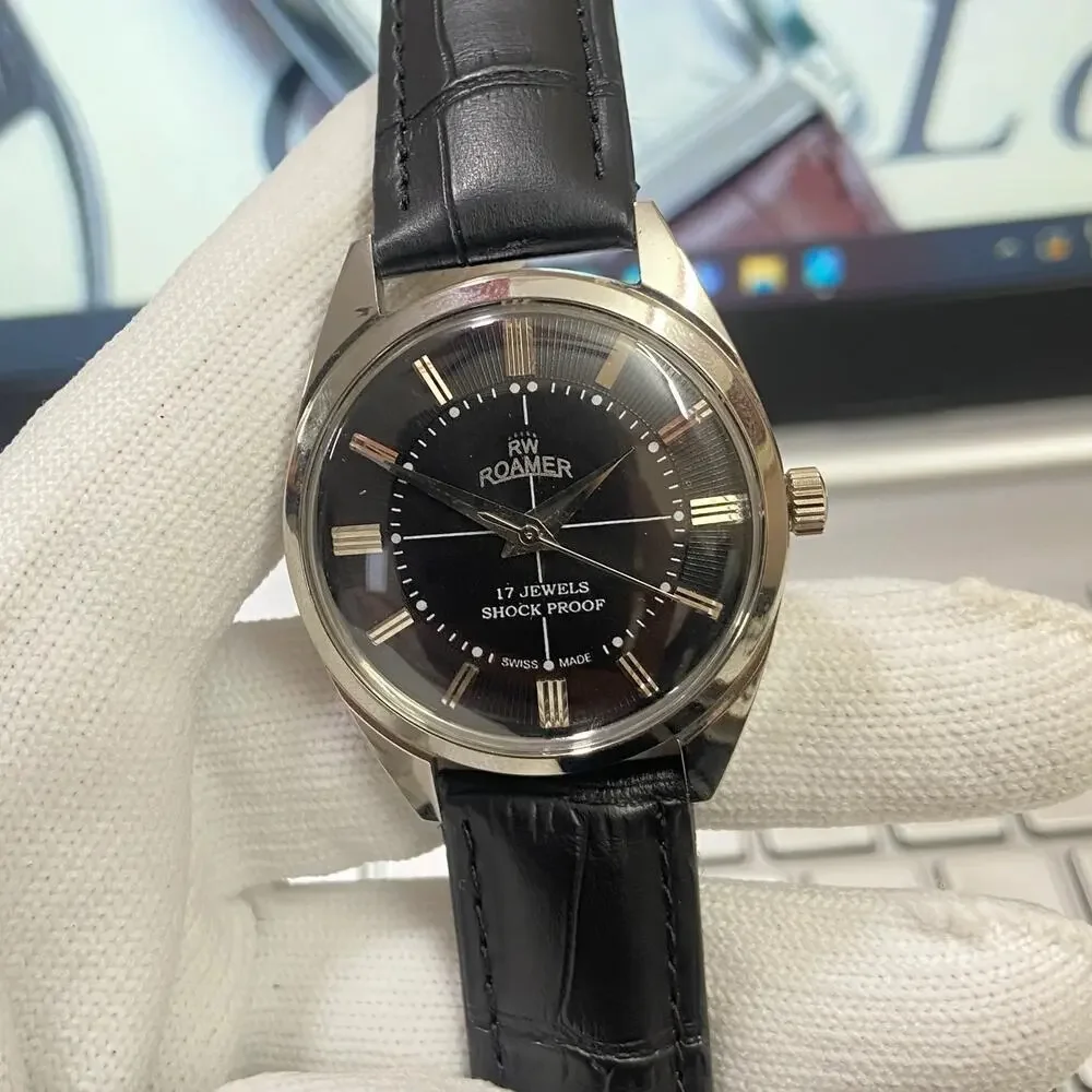 Vintage 1982 Roamer Manual Mens Silver Watch W/Leather Strap & Black accents